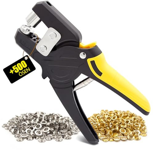 Xiaozhifu Occhiellatrice, Pinza per Occhielli con 500 Occhielli (Ø 10mm), Professionali Occhiellatrice per Teloni Adatto per Pelle, Telone,Tende, Manifesti, Striscioni (Giallo)