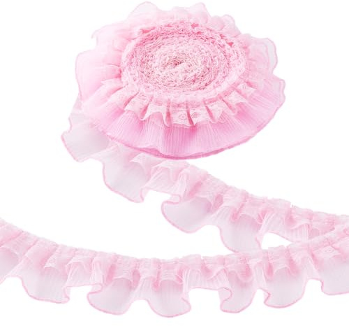 PH PandaHall Cinta de encaje rosa con volantes, 10 yardas, ribete plisado, doble capa, bordado, costura para manualidades, disfraces, fundas de almohada