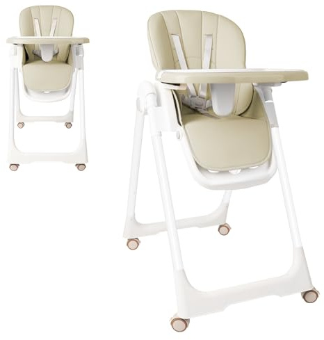 YARDIN Seggiolone regolabile in altezza, pieghevole, con funzione sdraio, doppio vassoio regolabile e cintura di sicurezza a 5 punti, seggiolone portatile per pasti, beige