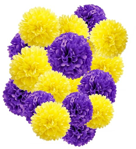 Lila Gelb Pompons Deko 12 Stück papierblumen, deko violett Gelb Seidenpapier Pom Poms, Party Deko, Abschlussdekorationen,Junggesellinnenabschiede, Geburtstagsdekoration,bachelor deko