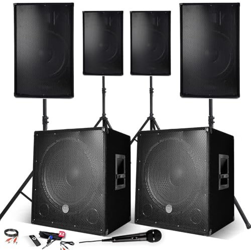 Sistema de sonido completo de 4400 W, 4 altavoces, 2 subwoofers USB/BLUETOOTH cable de PC + pies, prestaciones, micro sonido DJ PA BAR