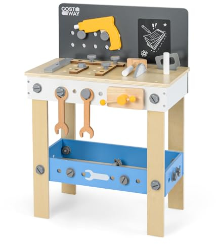 COSTWAY Wooden Kids Workbench, Children's Tool Bench with Pegboard, Chalkboard & Storage Shelf, Toddlers Construction Pretend Role Play Toy Set for Ages 3 +