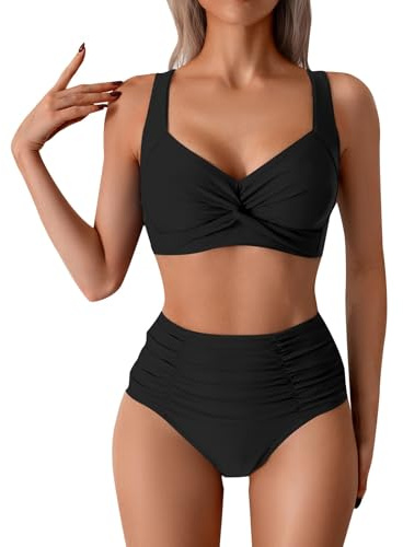 Bikini Oberteil Schwarz Bikini Damen Set Bauch Weg Badeanzug für Mollige Badeanzug Mit Bügel Splitter Sexy Casual Bademode Mit Brustpasse Ohne Stahlhalter Sommer Elegant Bademode Swimsuit AOS45
