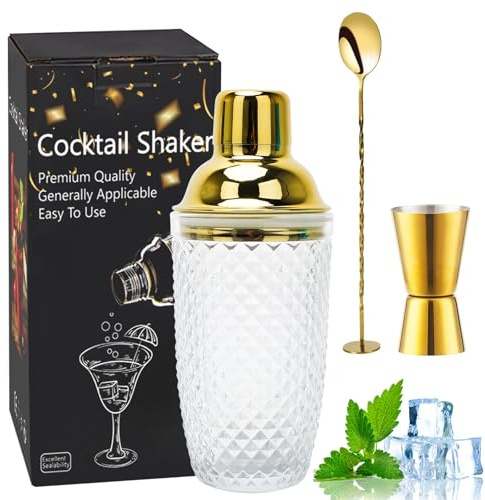 Cocktail Shaker, 385 ml Shaker Glass, Glass Cocktail Shaker, Clear Glass Gold Cocktail Shaker Mixer Set with Stainless Steel Leak-Proof Measuring Cup Lid for Home, Bar, Fruit Juices, Drinks