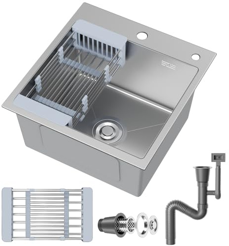 Stainless Steel Kitchen Sink,40 x 40cm,Inset Sink,with Waste Kit,Drain Pipe,Pull-Out Drainer Basket,Suitable for Kitchen, Bathroom, Caravan Travelling