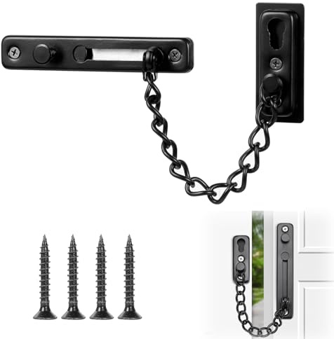 NIYATA Cerradura de cadena de puerta negra, protector de cadena de seguridad de acero inoxidable para puertas interiores, cerradura de seguridad antirrobo con resorte y tornillos para el hogar