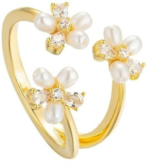 Bague Fleur Métal Doré – Perles Et Zircone Cubique, Design Enveloppant Ajustable – Bijou Tendance Pour Femme, Quotidien, Cérémonie, Anniversaire – Chic Cadeau Élégant