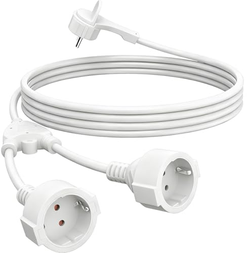 DKTYGER 2M Verlängerungskabel mit Flachstecker, 2-Fach Schutzkontakt Verlängerungskabel 230V/16A, Doppelstecker für Steckdose IP44 für Zuhause, Büro, Weiß