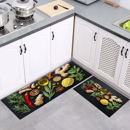 GDJSMIN Küchenteppich-Set 2-Teilig, Lebensmittelmuster Weiche Küchenbodenmatte, Küche Teppiche rutschfest Waschbar Für Badezimmer,Innenbereich, (Desktop-Gewürze, 43×75Cm+43×150Cm)