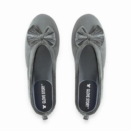 GLOVE STORY Pantofole Ballerina da Donna in Velluto per Interno con Suola Morbida in Pelle e Fiocco con Strass – Eleganti, Confortevoli, Fatte a Mano – Scarpe Morbide e Chic per la Casa