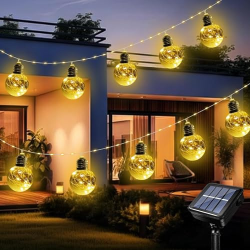 Acxilexy Stringa di luci solari per esterni, 3,5 m, 10 lampadine infrangibili, 140 LED, impermeabili, 8 modalità, luce per patio, campeggio, cortile, feste, recinzioni, albero, decorazione natalizia
