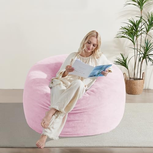 WSOFRLAC 3FT Bean Bag Chair, Comfy Bean Bag Chairs for Adults, Luxury Velvet Memory Foam Stuffed Beans Bags with Removable Cover, Adult Beanbag Chair with Filler for Living Room, Bedroom, Pink