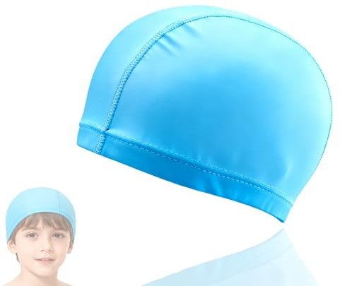Nevoluxer Bonnet Piscine – Bonnet de Bain Enfant en Tissu Doux Bleu Clair | Bonnet de Piscine Enfant pour Cheveux Longs
