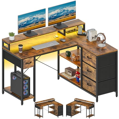 YITAHOME L Form Schreibtisch Mit Steckdose USB Schubladen 140cm Braun | Reversibler Computertisch Eckschreibtisch, Gaming Tisch Home Office, Monitorständer, Holzplatte Eisenrohr, Regal CPU-Ständer