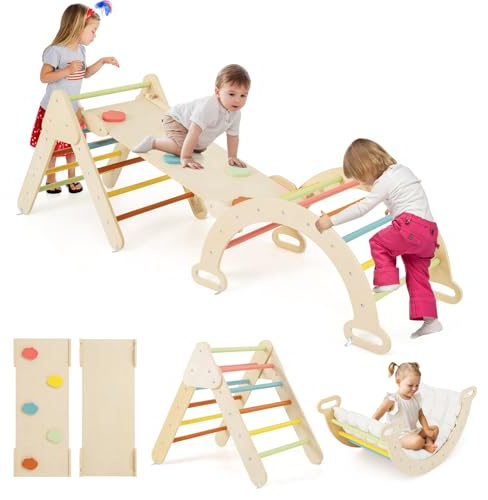 COSTWAY Kletterdreieck mit Rutsche, Kletterbogen, inkl. Kissen & doppelseitige Rampe, zum Klettern, Rutschen und Wippen, 4 in 1 Klettergerüst Indoor ab 1 Jahr (Macaron bunt)