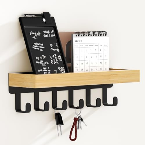 SWTYMIKI Key Holder with Wood Tray and 6 Hooks, Wall Mounted Key Racks, Key Hangers Home Decor Key Rack Mail Organizer for Hallway, Entryway, Bedroom, Mudroom, Office