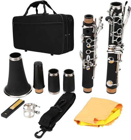 Vvikizy 17 Clarinetto Tono B Discendente, Strumento a Legna in Bakelite con Timbro e Morbidezza Distinti, con Panno per Pulizia delle Canne, per Jazz Classico e Fasce da Marcia