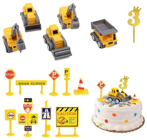 Kuchen Deko Baustelle, Baustellenfahrzeuge Kinder 3 Jahre, 15 Stück Bagger Tortendeko, Mini Bagger Kuchendeko Spielzeug mit Verkehrsschildern, Baufahrzeuge für Geburtstag Junge Mädchen (3 Jahre)