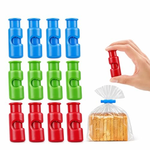 Tütenclips mit Schnurverschluss – 12er Set Beutelklemmen für Brot-, Snack- & Gefrierbeutel | Wiederverwendbar, einhändig bedienbar