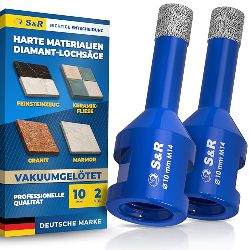 S&R Professional 2-tlg Diamantbohrer M14, Diamant Fliesenbohrer Set 10mm für Winkelschleifer, für Harte Keramik, Feinsteinzeug, Granit, Porzellan, Marmor, Fliesen Bohrer Set, Diamantbohrer 10mm