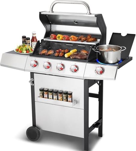 IdeaMaxx 4-in-1 Propane & Charcoal Grill Combo, 4-Burner Gas Griddle with Side Burner, Cast Iron Grates, Outdoor BBQ for Patio & Backyard