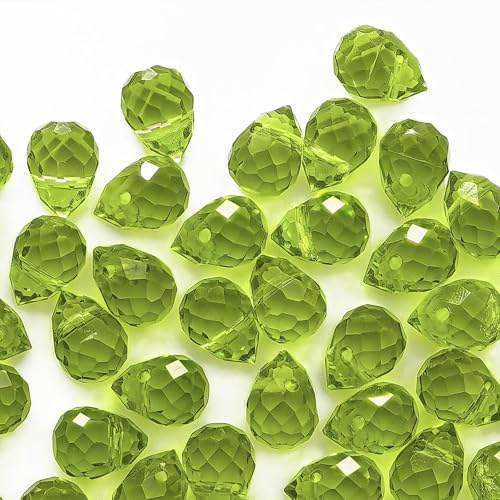 Nexlynk 100 st kristallglaspärlor, 8 x 10 mm olivgröna fasetterade droppformade pärlor, glänsande kristallpärlor bulk för smyckestillverkning, halsband, armband, örhänge, gör-det-själv