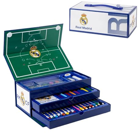 Real Madrid CF Juego de Papelería, Incluye Lápices de Color, Rotuladores, Acuarelas, Pincel, Esponja, Lapiz, Sacapuntas, Borrador, Ceras de Color, Cuaderno, Estuche Maletin, Set Escolar Niños