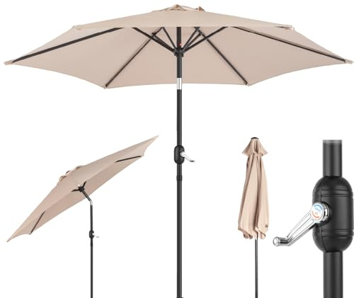 LEADZM Sonnenschirm 270 cm mit Kurbel, Neigbar, Windfest, Wasserabweisend, 6 Eisenrippen & Eisenrahmen, Gartenschirm für Garten Balkon Terrasse