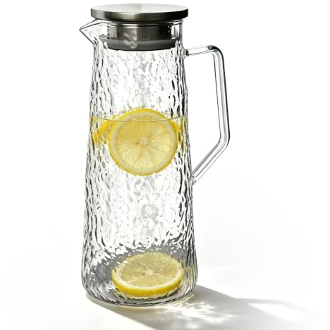 Glaskaraff med lock 1,5 l, vattenkaraff med lock av borosilikatglas, värmebeständig glaskanna med hammarstruktur, 2 pippar, hällpip utan droppar, juice te, vattenkanna