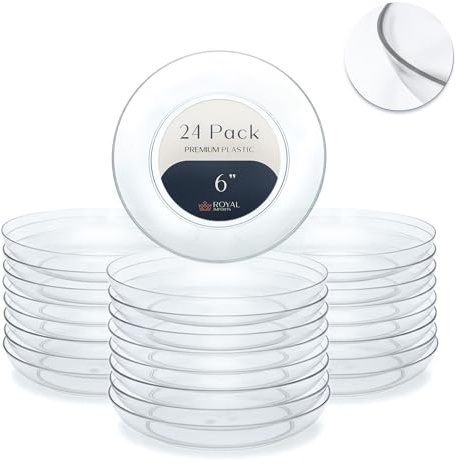 Royal Imports 6 Clear Plastic Saucer Plant Drip Tray, Low Pie Plate, Floral Flower Dish, Wedding, Party, Home and Holiday Decor, 24 Pack