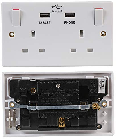 PRO ELEC 2-Gang Switched Mains Socket with USB Charging, 2x USB-A 5V 3.6A, 13A, White – Fits 25mm Wall Box (PELB1956)