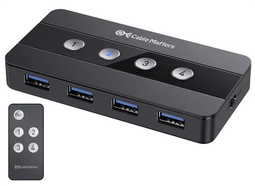 Cable Matters 4 Port USB 3.0 Switch Hub/KVM Switch, USB Switcher for 4 Computers and USB Peripherals - Button or Wireless Remote Control Swapping - Includes USB-C Adapter for USB-C and Thunderbolt 3