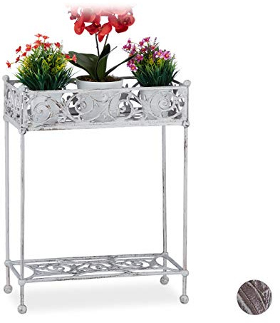 Relaxdays Fioriera, 2 Ripiani, in Ghisa, Massiccia, Design Antico Shabby Chic, Stile Rustico HLP 72x53x22, bianco