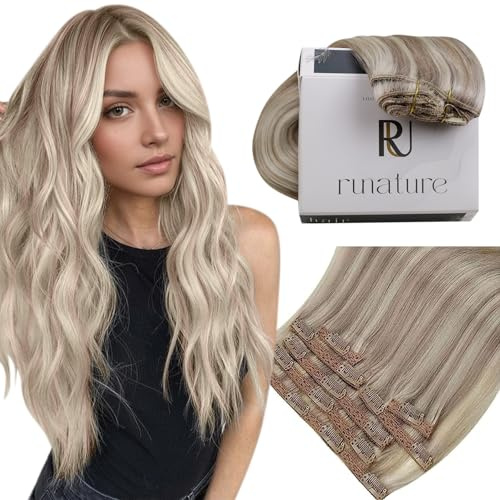 RUNATURE Haarverlängerung zum Anstecken, Echthaar, Aschbraun, Unisex, Platinblond, #19P60, Haarverlängerung zum Anstecken, natürliches Haar, großes Volumen, 7 Stück/80 g, 30 cm