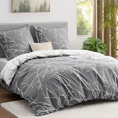 BEDSURE Bettwäsche 200x220 3teilig Bettbezug - Bettwäsche-Sets 200 x 220 cm mit 2 Kissenbezüge 80x80 cm, ÖKO-TEX Wendebettwäsche Bedding Muster Grau Zweige für Doppelbett mit Reißverschluss | Bettwäsche-Sets Wendebettwäsche, Oeko-TEX Bedding mit Reißverschluss, Extra Weich & Atmungsaktiv