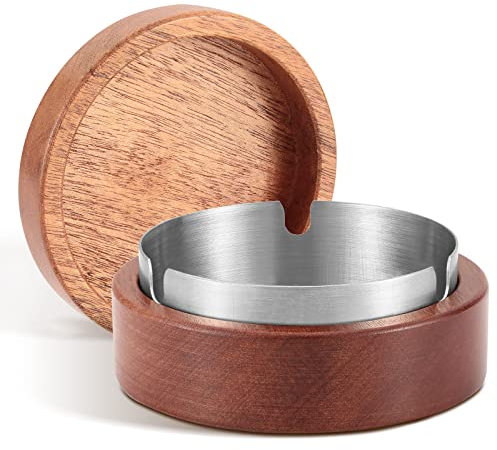 BOXLUNT Outdoor Ashtray, Wooden Lid, Stainless Steel Inner Layer, Anti-Odour, Minimalist Design, Perfect for Garden/Bar/Restaurant/Office