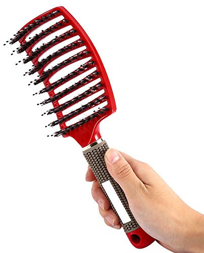 Brosse à Cheveux, Brosse à Poils Brosse à Cheveux sans Tiraillement Poils de Sanglier Brosse Coiffante Brosse de Massage Démêlante avec Manche pour Cheveux Longs Fins épais (Rouge)