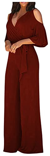 Ansenesna Overall Damen Festlich Hochzeit V Ausschnitt Jumpsuit Für Hochzeitsgäste Damen Elegant Jumpsuits Lang Weites Bein Overall Einteiler Damen Einfarbig Hosenanzug Frauen Kuschelig Onesie