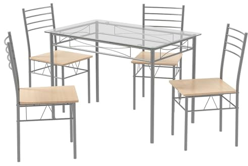GIANTEX Tavolo da pranzo in vetro temperato con 4 sedie, set da pranzo, ampio piano e seduta grande con venature di legno delicate, poco ingombrante, per cucina, soggiorno