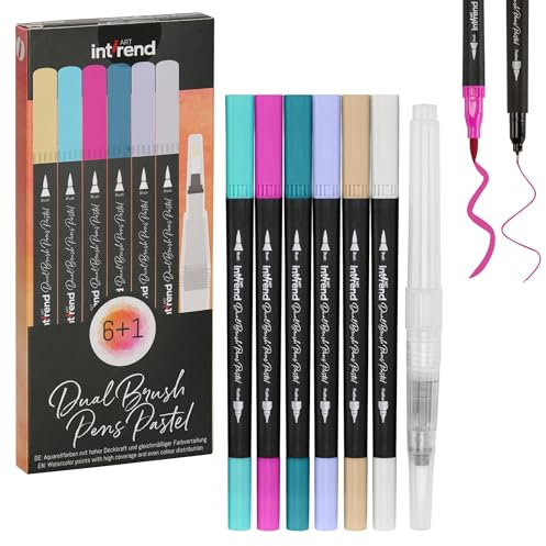 int!rend Brush Pen Lettering 6 Colori - Set Pennarelli Professionali Pastello - a Doppia Punta Fine e Grossa - Cancelleria Ufficio - Giallo Menta Rosa Petrolio Lilla Grigio