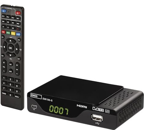 EMOS Decoder DVB-T2, recivitore digitale terrestre H.265 HEVC HD con connessione USB, HDMI, SCART e coassiale, telecomando e infrarossi, PVR, lettore multimediale e funzione EPG, Nero