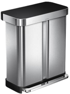 simplehuman 58L (34/24) Rectangular Recycling Double Kitchen Pedal Bin with Liner Pocket, Silent Soft Close Lid, Strong Wide Pedal, Dent-Proof Lid, Brushed Stainless Steel with Black Plastic Lid