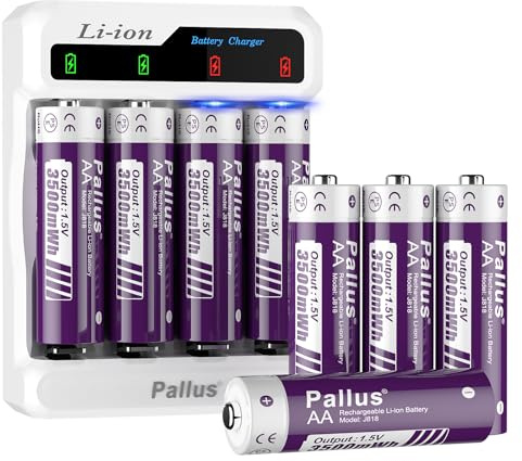 Pallus Rechargeable AA Lithium Batteries, 3500mWh Large Capacity, 1500+ Cycles with Voice Smart Charger, 8 Pack AA Li-Ion Battery