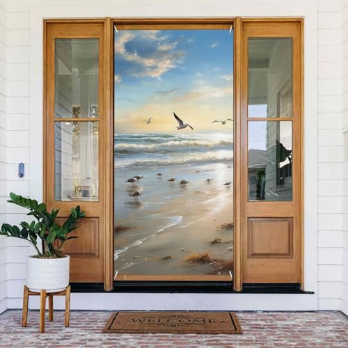 Fengshui-Vorhang, Motiv: Strand mit Seevögeln, für Tür, Privatsphäre, Verdunkelungsvorhang, Tapisserie, Stoff, Tür-/Fenstervorhang für Schlafzimmer, Küche, Dekoration, Tür-Verdunkelungsvorhang, 90 x