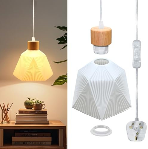WPQIUZS 3D Printed Lampshade Plug in Pendant Lighting Kit, 500CM Transparent Cable, E27 Lamp Holder with Switch, Include Multi Sided 3D Lampshade, Plug in Ceiling Light, Modern Hanging Light Cord