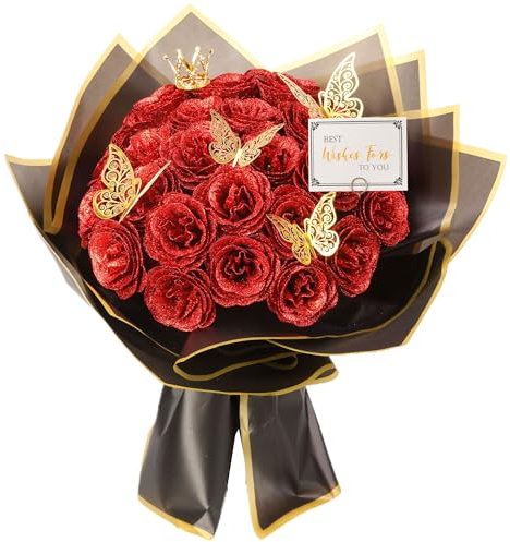 Bouquet di rose rosse glitterate, 30 pezzi, bouquet di fiori finti fai da te, bouquet di rose artificiali eterne, lucide, per San Valentino, anniversario, fidanzamento, matrimonio
