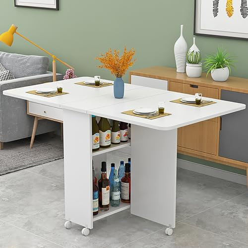 Moderner ausziehbarer Klapp-Esstisch mit 8 Rädern und 2-lagigem Aufbewahrungsregal, multifunktionaler erweiterbarer Tisch für Küche, Schlafzimmer, Wohnzimmer, platzsparendes Design (Farboptionen Ava