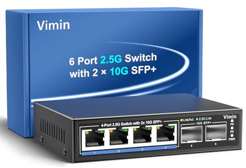 Commutateur Réseau Non Géré 6 Ports 2.5G, VIMIN 4X 2.5Gbase-T Switch, 2X 10G SFP+ Port, 60Gbps Capacité de Commutation, IEEE802.3, Boîtier métallique, Fonctionne pour 2.5Gbps NAS, Wireless AP & PC