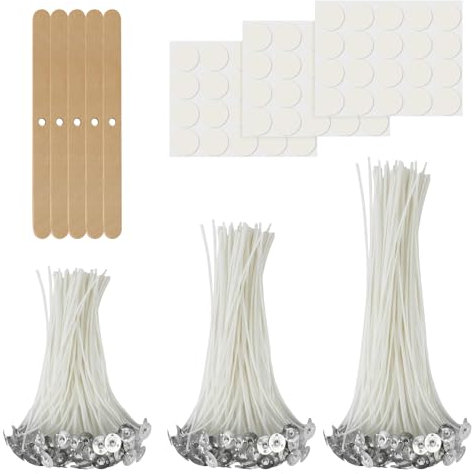 AMFUN 180 Stück Kerzendochte für Kerzen, Kerzendochte, Natürlichen Kerzendochten mit 5 Stück Holzdochthalter und 100 Stück Kerzen Sticker, Kerzen Docht für Die Kerzenherstellung Candle DIY