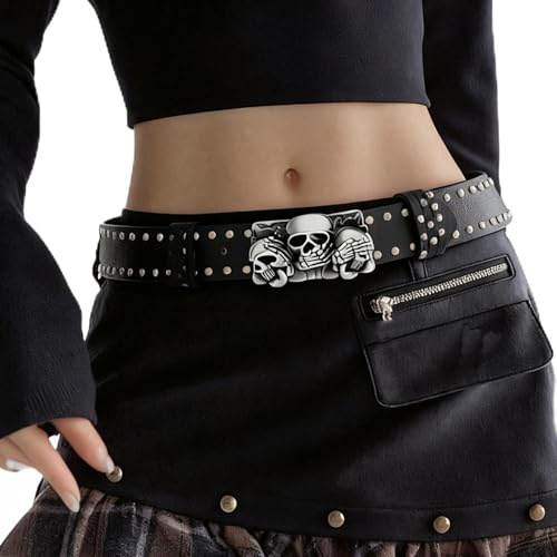 MILAKOO Punk Leder Gürtel Y2K Hip Hop Schädel Grunge Schwarz Verstellbar Damen Gürtel